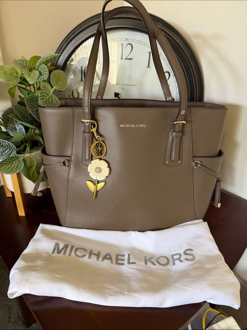 Michael Kors Taupe Saffiano Leather Tote with unbranded Floral Charm w/dustbag